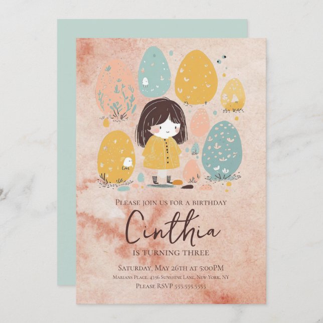 Aquarell Osterpasta Kleinkind Mädchen Geburtstag Einladung (Vorne/Hinten)