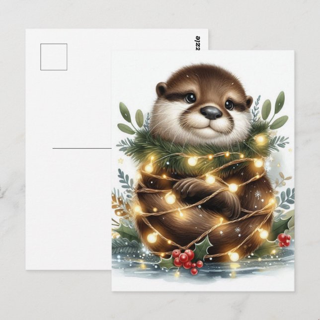 Aquarell Otter Weihnachtslicht Postkarte (Vorne/Hinten)