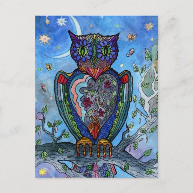 Aquarell Owl Fantasy Illustration. Mairytale Postkarte (Vorderseite)