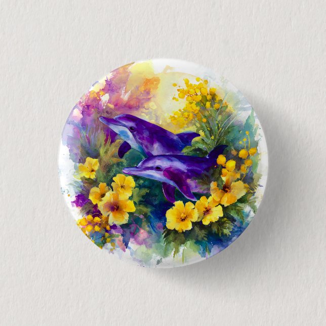 Aquarell-Ozean-Delfine Tropische Blumen Button (Vorderseite)