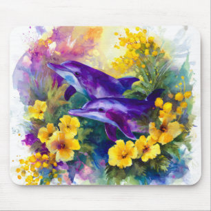Aquarell-Ozean-Delfine-tropische Blumen Mousepad