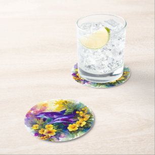 Aquarell-Ozean-Delfine-tropische Blumen Runder Pappuntersetzer