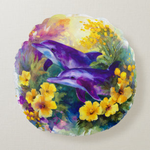 Aquarell-Ozean-Delfine Tropische Blumen Rundes Kissen