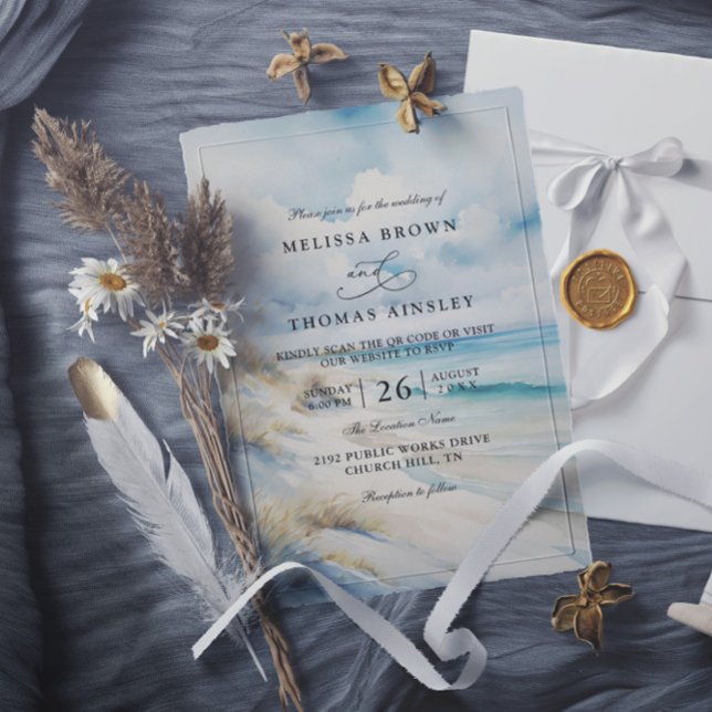 Aquarell-Ozean-Küstenstrand-QR-Code-Hochzeit Einladung (Von Creator hochgeladen)