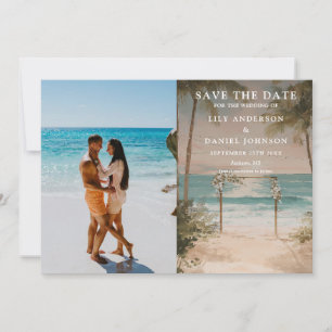 Aquarell-Ozean-Strand-Lichterketten-Hochzeitsfoto Save The Date