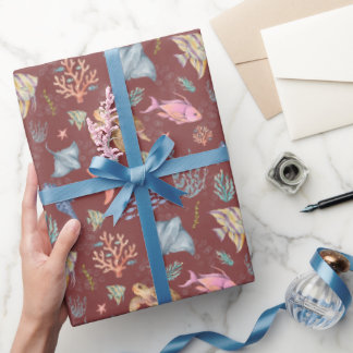 Aquarell-Ozeanleben Texturiert Grau Sangria Geschenkpapier