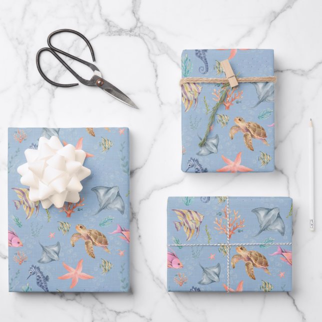 Aquarell-Ozeanleben Texturiert Hellblau Geschenkpapier Set (Vorderseite)