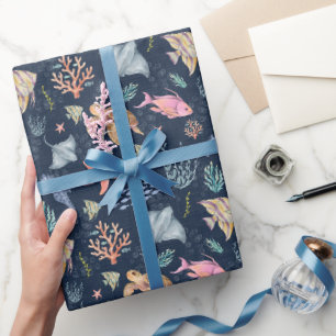 Aquarell-Ozeanleben Texturiert Navyblau Geschenkpapier