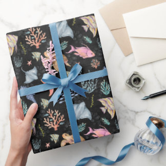Aquarell-Ozeanleben Texturiert Schwarz Geschenkpapier