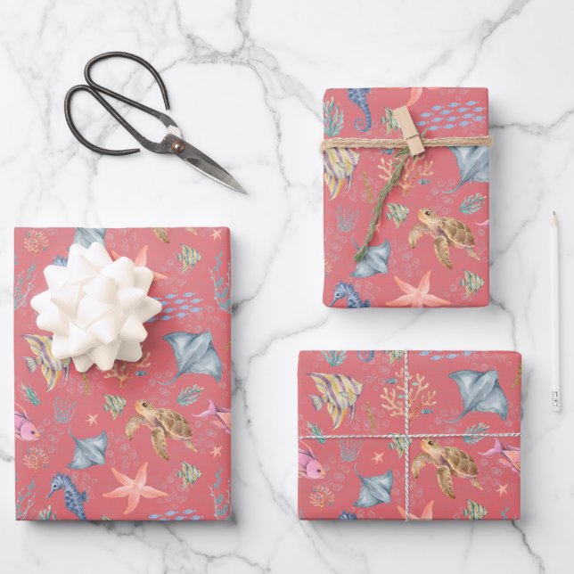 Aquarell-Ozeanleben Texturierte Wassermelone Geschenkpapier Set (Vorderseite)