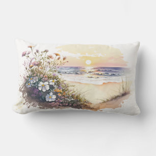 Aquarell-Ozeanstrand mit Blumen Lendenkissen