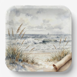 Aquarell-Ozeanstrand mit gewelltem Papier Pappteller