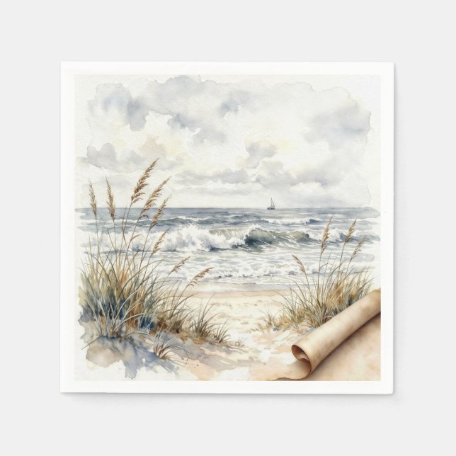 Aquarell-Ozeanstrand mit gewelltem Papier Serviette (Vorderseite)