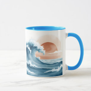 Aquarell-Ozeanwelle-Sonnenuntergang Küstenkaffee Tasse