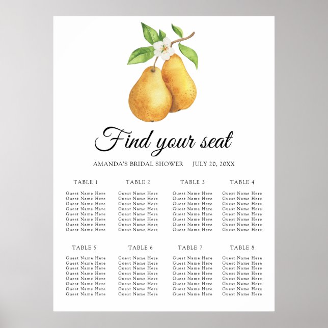 Aquarell-Paar Birnen Hochzeits-Sitzordnung Poster (Vorne)