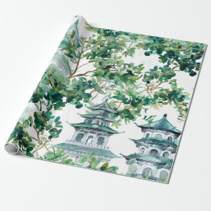 Aquarell-Pagoden Olivenwald Asiatische Landschaft Geschenkpapier