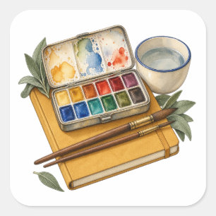 Aquarell-Paletten-Pinsel und Skizzenbuch-Aufkleber Quadratischer Aufkleber