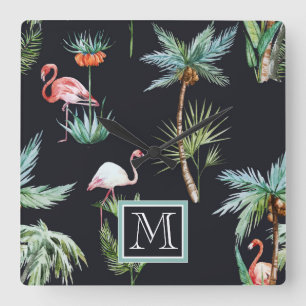 Aquarell-Palmen-Muster   addieren Ihre Initiale Quadratische Wanduhr