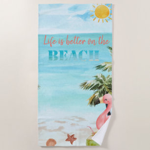 Aquarell-Palmen-Sonnen-Pink-Flamingos Strandtuch