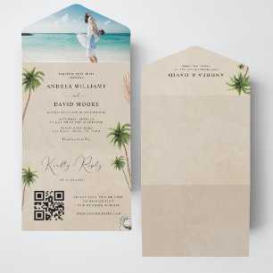 Aquarell-Palmen Tropischer Sandstrand Hochzeit All In One Einladung