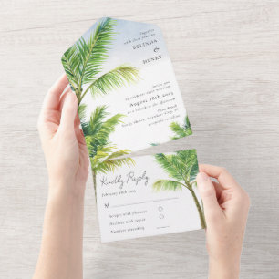 Aquarell-Palmenstrand-Hochzeit Alles in Einem All In One Einladung