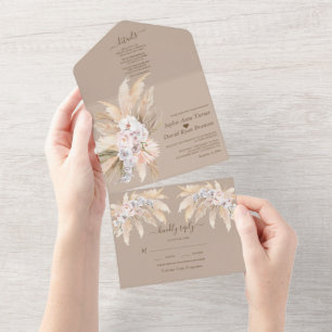 Aquarell-Pampasgras Weiße Orchideen Rosen Hochzeit All In One Einladung
