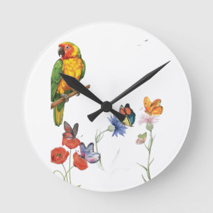 Aquarell-Papagei und Schmetterlinge Design Runde Wanduhr
