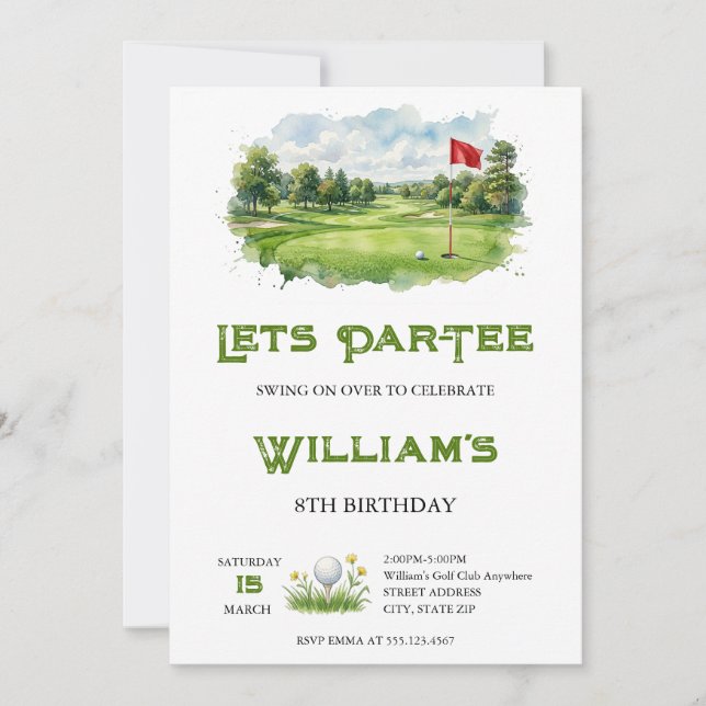 Aquarell Par-Tee Golfplatz Geburtstag Einladung (Vorderseite)