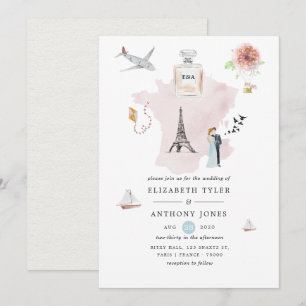 Aquarell Paris Destination Hochzeit Monogramm Einladung