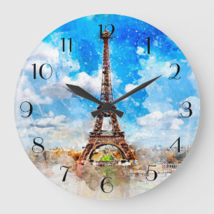 Aquarell Paris Große Wanduhr