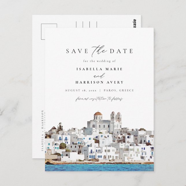 Aquarell Paros Greece Skyline Save the Date Postkarte (Vorne/Hinten)