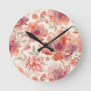 Aquarell-Pastell-Blumen Hellorange Runde Wanduhr