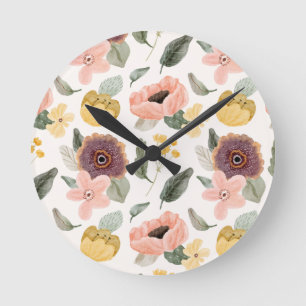 Aquarell Pastell Blumen Nahtloses Muster Sanft Runde Wanduhr
