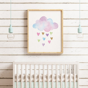 Aquarell-Pastell-Herzen-Wolken-Baby-Mädchen-Nurser Poster