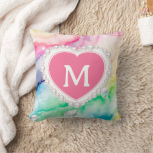 Aquarell Pastell Regenbogen Perlen Herz Monogramm Kissen