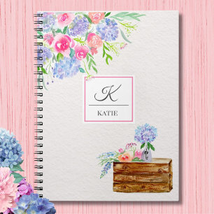 Aquarell-Pastell-Rosen, Hortensien-Monogramm Notizblock
