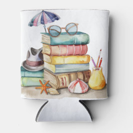 AQUARELL-PASTELL-SOMMERSTRANDSZENE MIT BÜCHERN DOSENKÜHLER