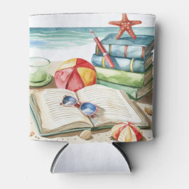 AQUARELL-PASTELL-SOMMERSTRANDSZENE MIT BÜCHERN DOSENKÜHLER