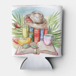 AQUARELL PASTELL SOMMERSTRANDSZENE MIT BÜCHERN DOSENKÜHLER
