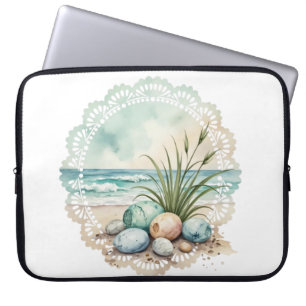AQUARELL-PASTELLGRÜN-&-BEIGEFARBENE STRANDSZENE LAPTOPSCHUTZHÜLLE