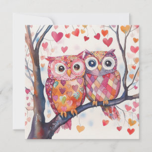 Aquarell-Patchwork-Eulenpaar Valentinstag Feiertagskarte