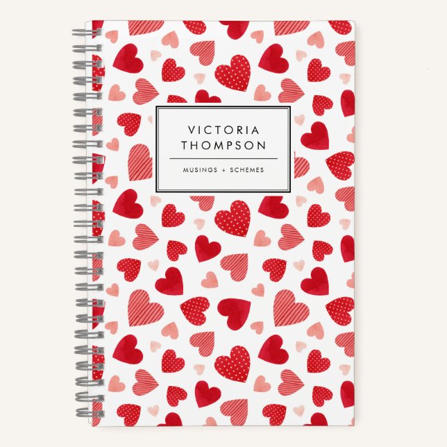 Aquarell-Patchwork-Rot-Herzen-Muster Notizbuch (Vorderseite)