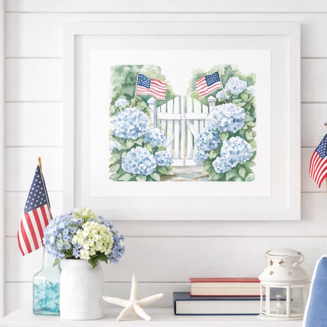 Aquarell Patriotic Blue Hydrangea Hütte Garden Poster (Von Creator hochgeladen)