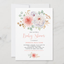 Aquarell Peach Peonies Gold Blätter Kinderdusche Einladung