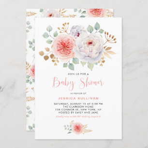 Aquarell Peach Peonies Gold Blätter Kinderdusche Einladung