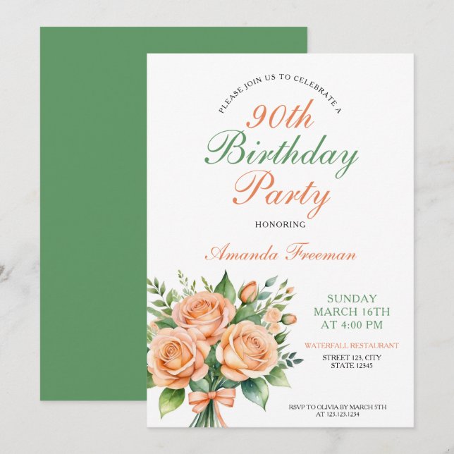 Aquarell Peach Rose Bouquet 90. Geburtstag Einladung (Vorne/Hinten)