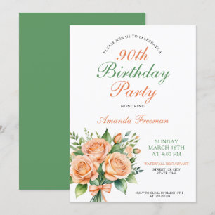 Aquarell Peach Rose Bouquet 90. Geburtstag Einladung
