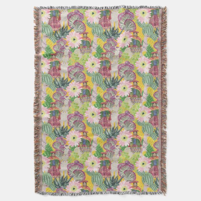 Aquarell-peruanisches Frauen-u. Lama-Muster Decke (Vorderseite Vertikal)