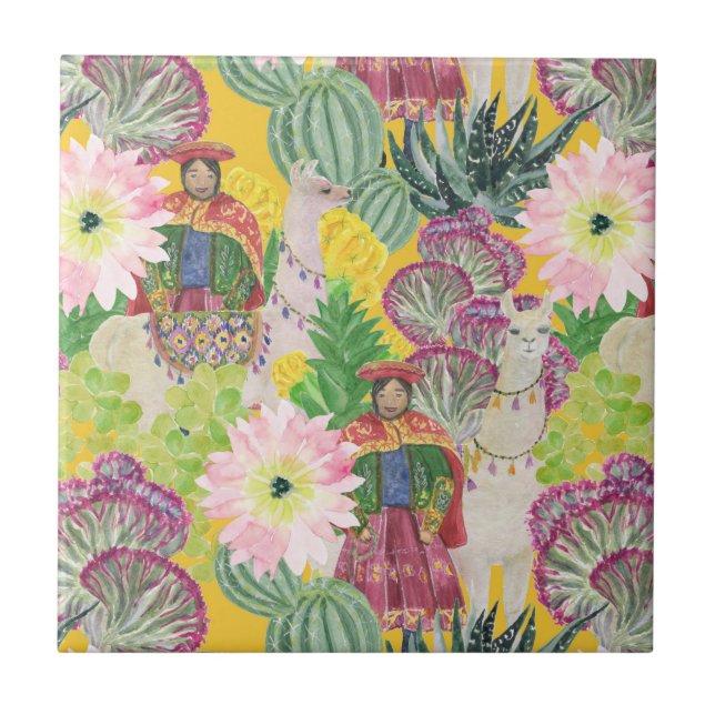 Aquarell-peruanisches Frauen-u. Lama-Muster Fliese (Vorderseite)