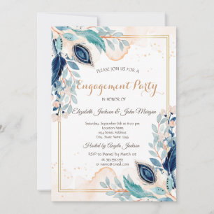 Aquarell-Pfau Blumen Dunkelblau Verlobung Einladung
